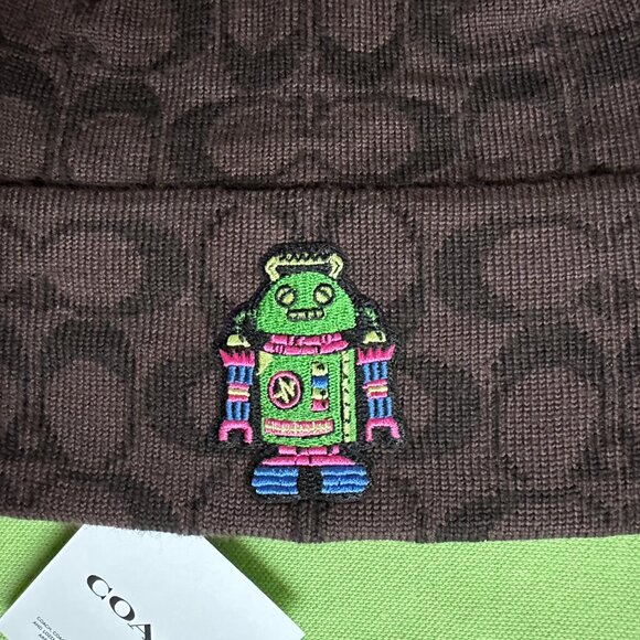COACH SIGNATURE ROBOT PRINT KNIT BEANIE:NWT WALNUT/MULTI CX132 - Picture 6 of 9
